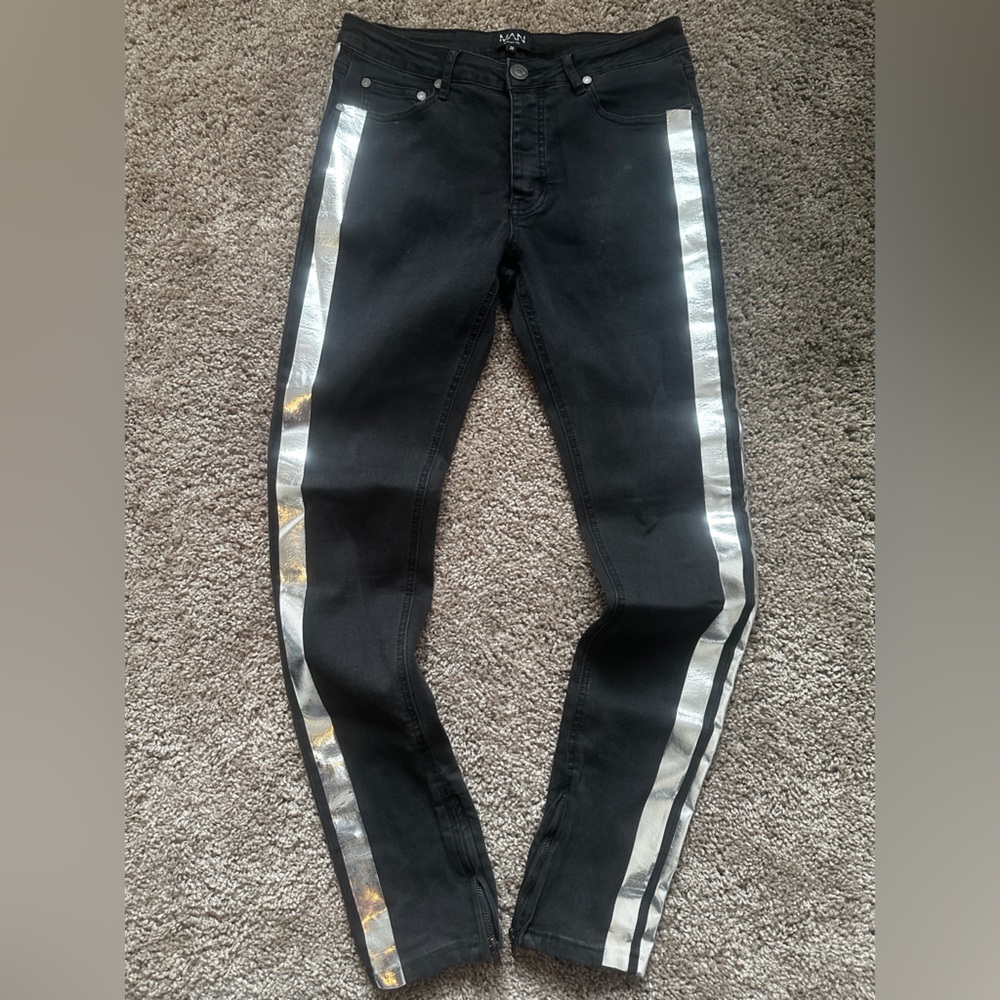 Black Skinny Jeans with Metallic Silver Side Stripes